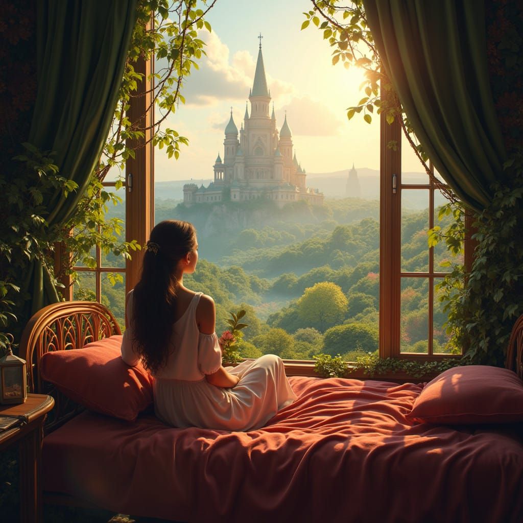 Woman in Cozy Home Office Gazing at Fantastical Landscape