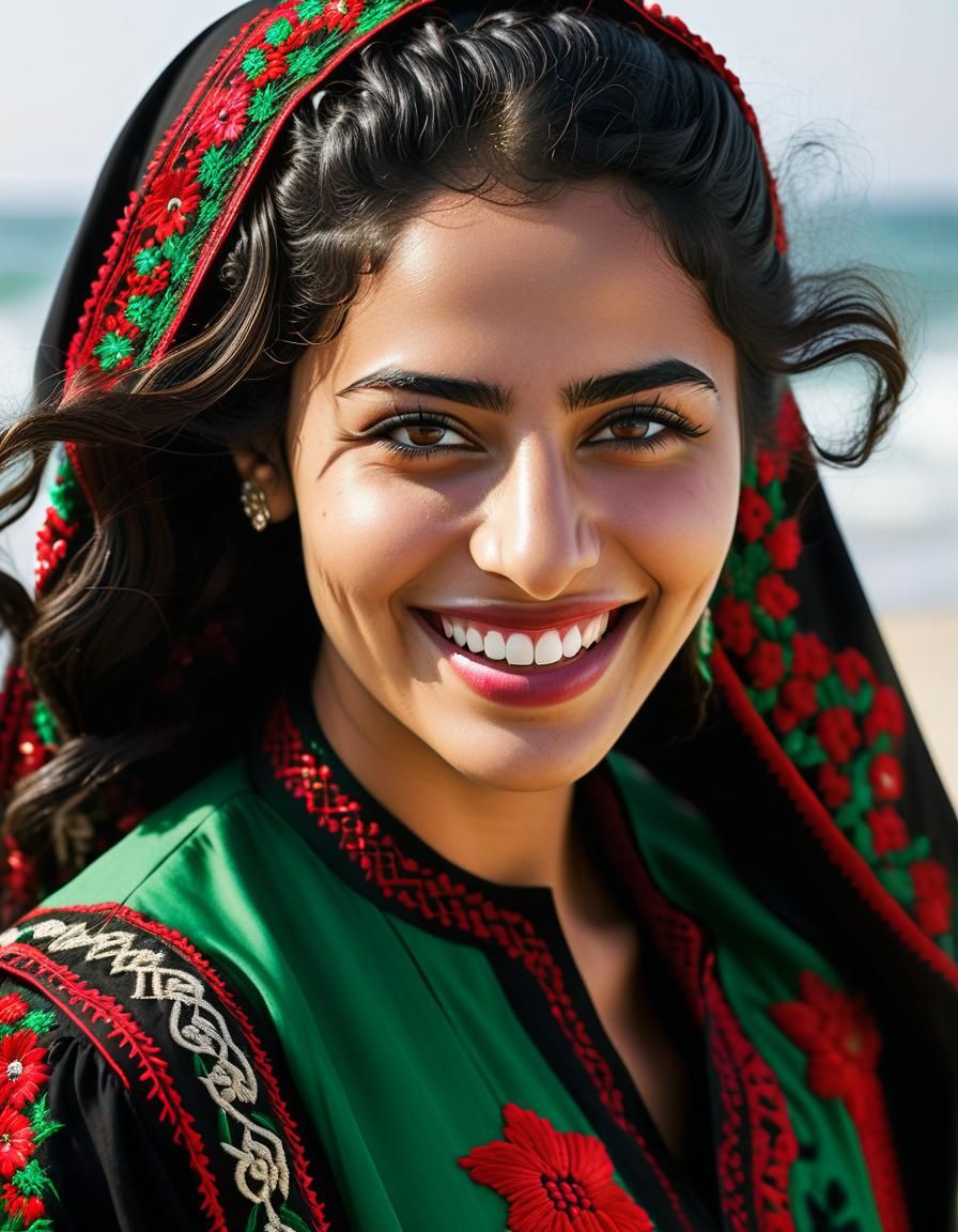 Radiant Palestinian Woman on Gaza Beach Portrait