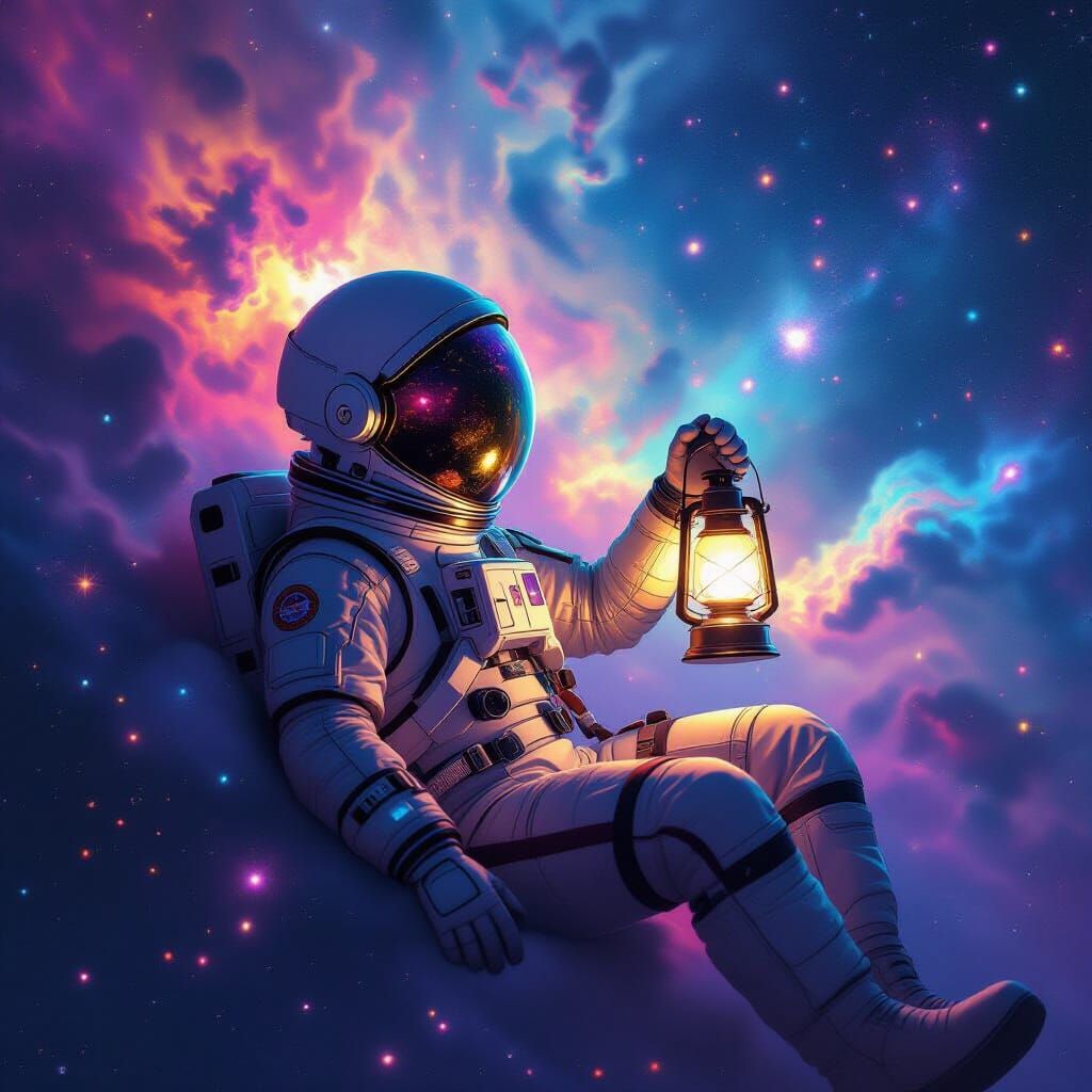 Astronaut Drifting in Nebula with Glowing Lantern