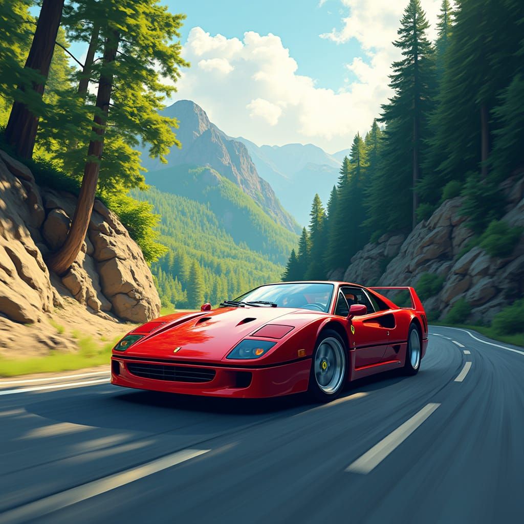 Ferrari Races Down Mountain Road in Hyper-Realism