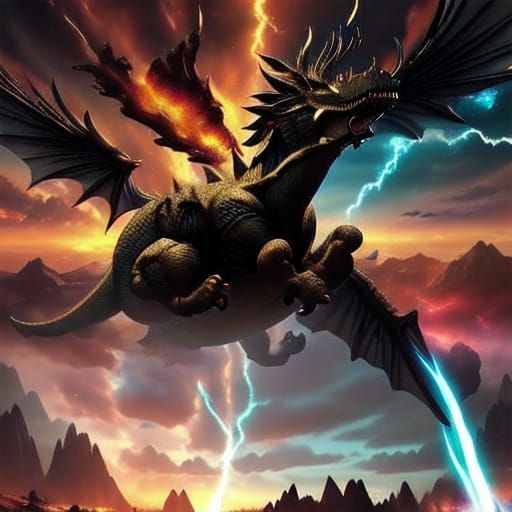 Dragons Breathing Fire and Lightning in Vibrant Digital Art