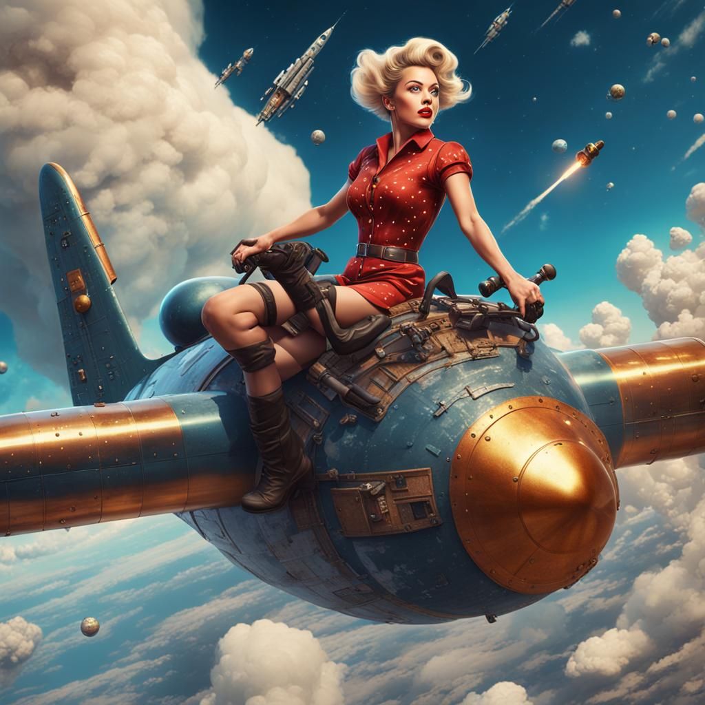 Pin-Up Girl Rides Bomb in Space: Detailed Matte Painting