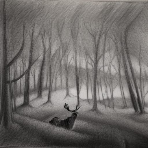 Detailed Charcoal Drawing of Deer in Forest