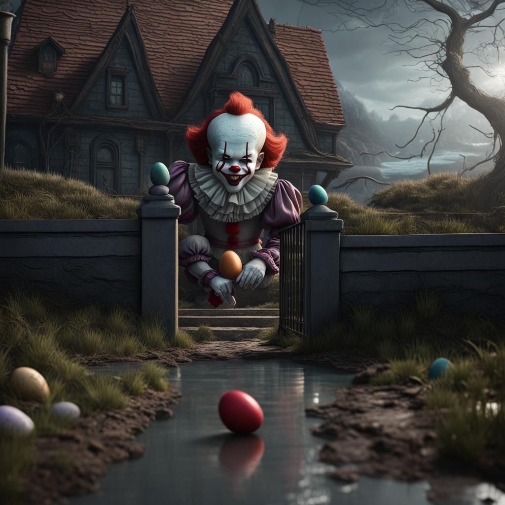 an easter egg near a curb inlet with Pennywise the Clown ins...