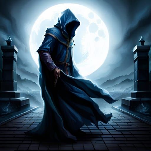 Dark Hooded Mage Levitating in Shadowy Street