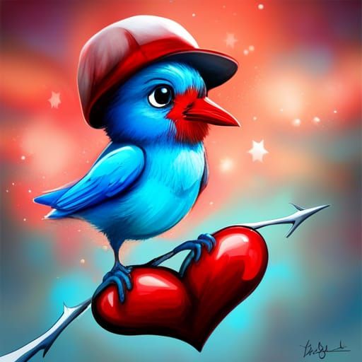 Cartoon Bluebird with Heart in Graffiti Art Style