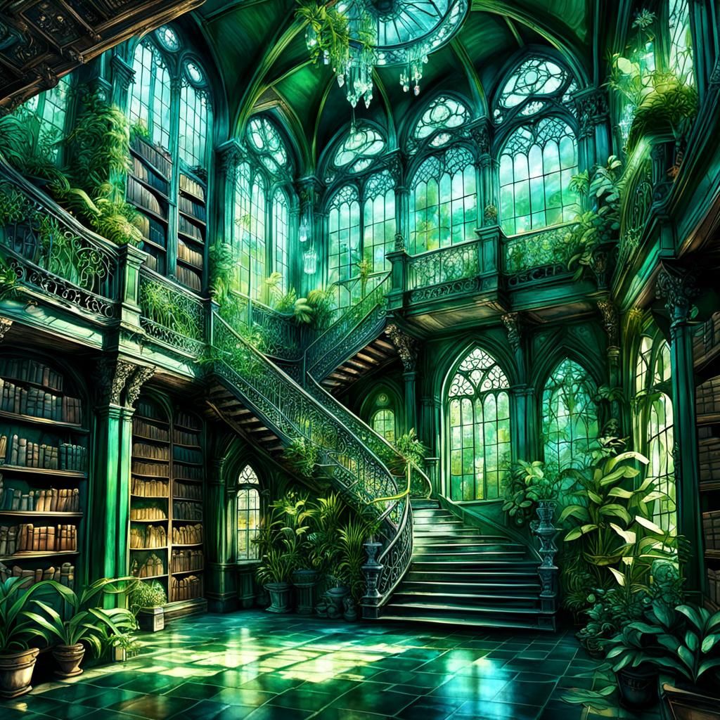 Lush Elven Library with Hanging Plants, Digital Illustration