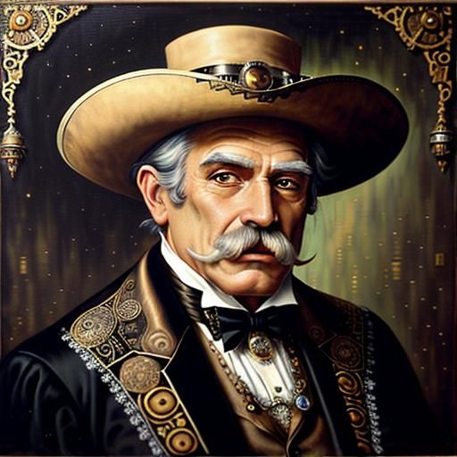 Steampunk Gentleman Portrait in Klimt-Inspired Surrealism