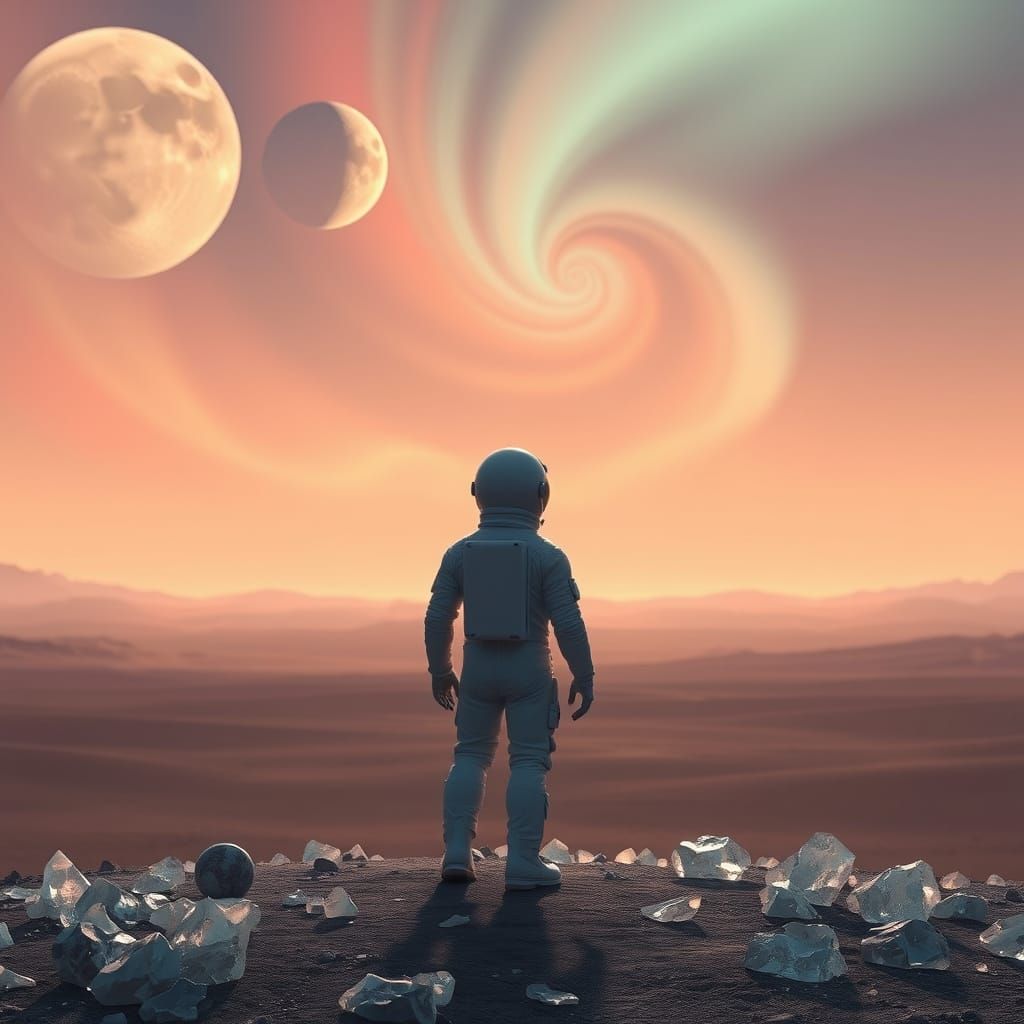 Astronaut Gazes at Alien Sky with Two Moons