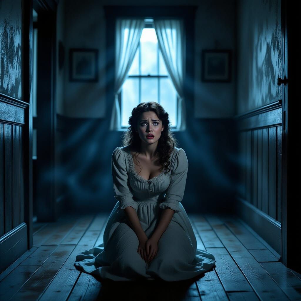 Frightened Woman in Old House During Thunderstorm