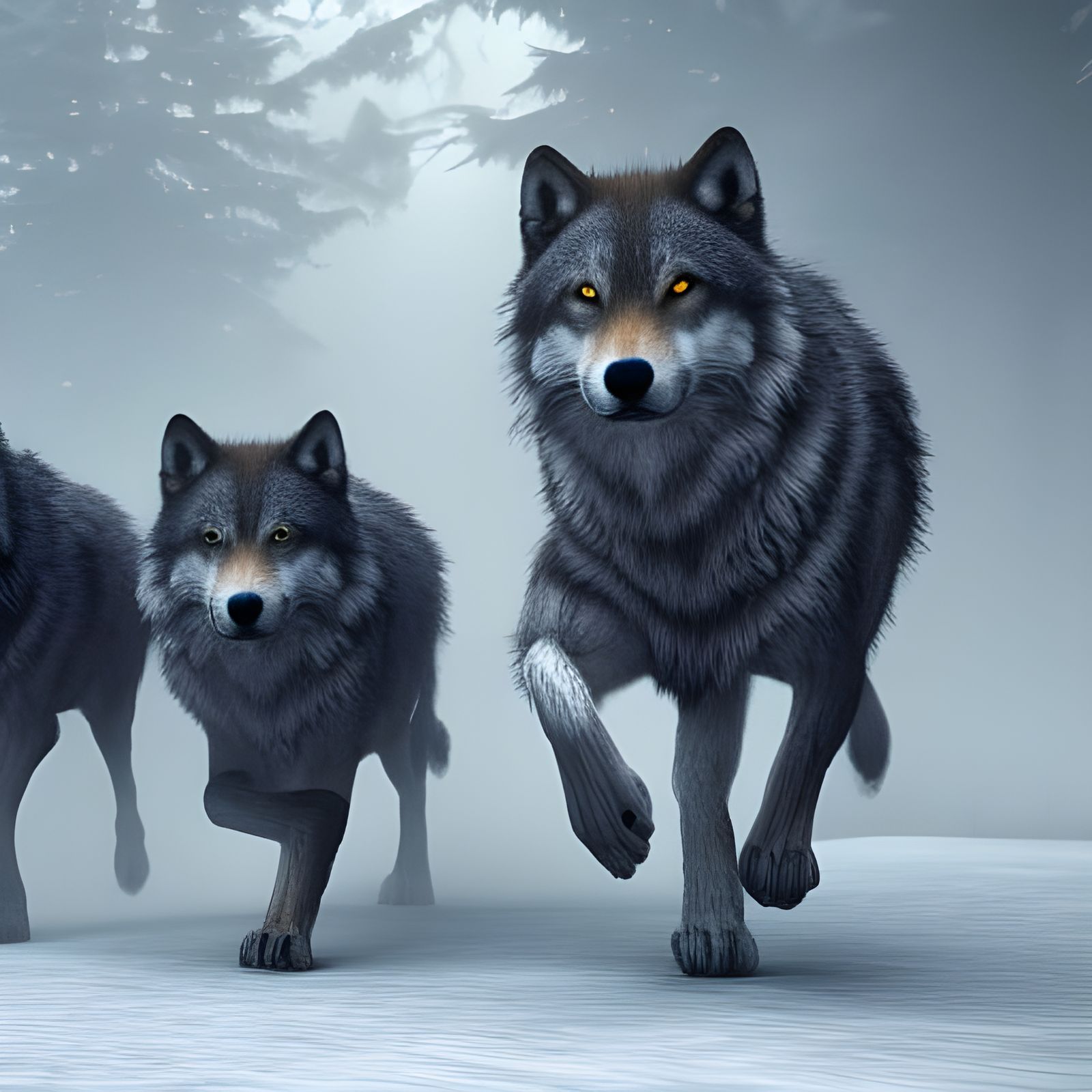 Wolves Running Through Forest: Detailed Matte Painting