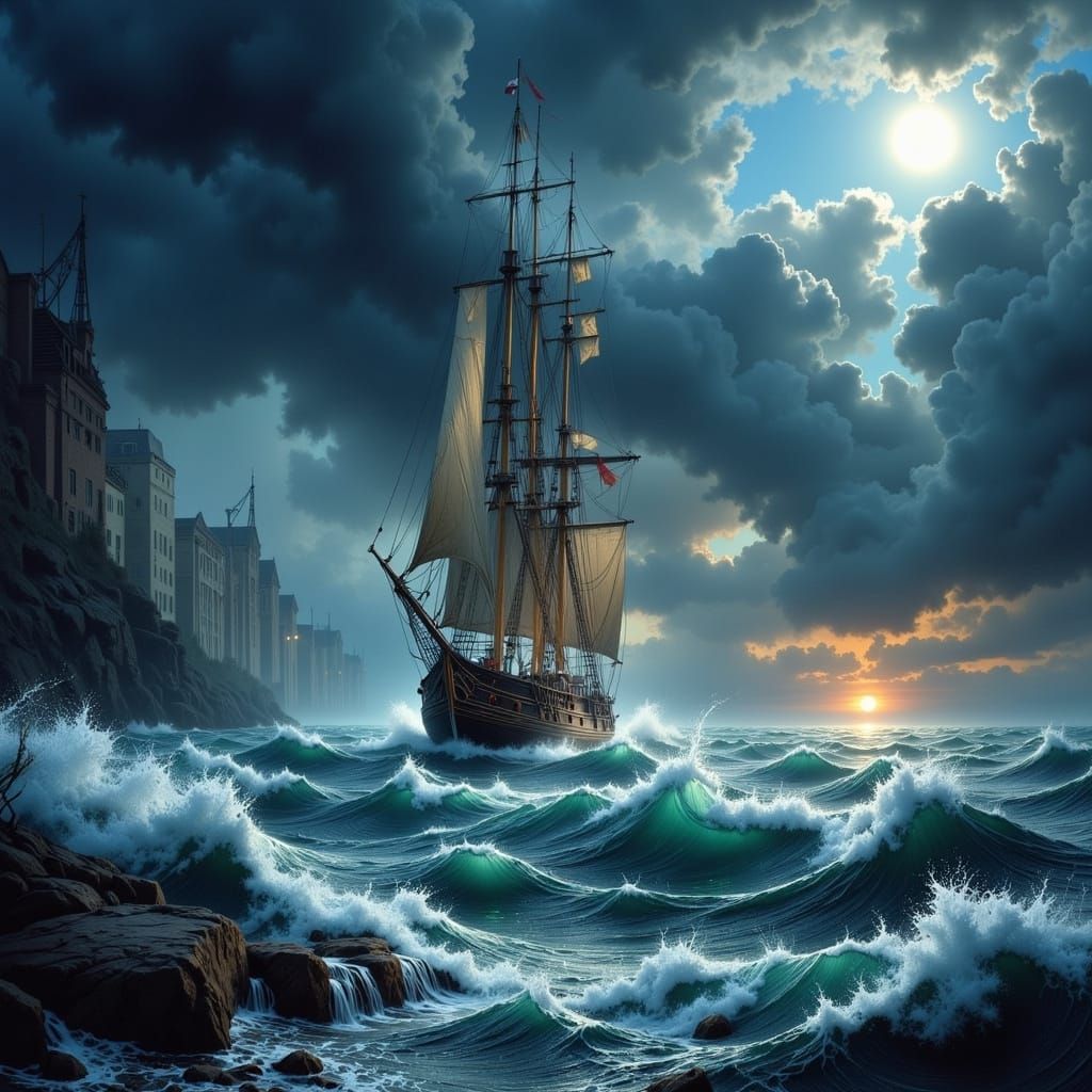 Sailing Ship Seeks Harbor Amidst Raging Storm