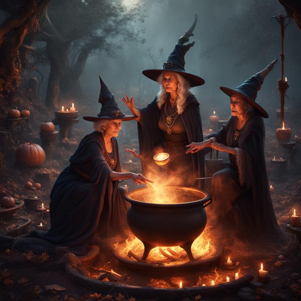 Three Witches Around a Cauldron of Plenty