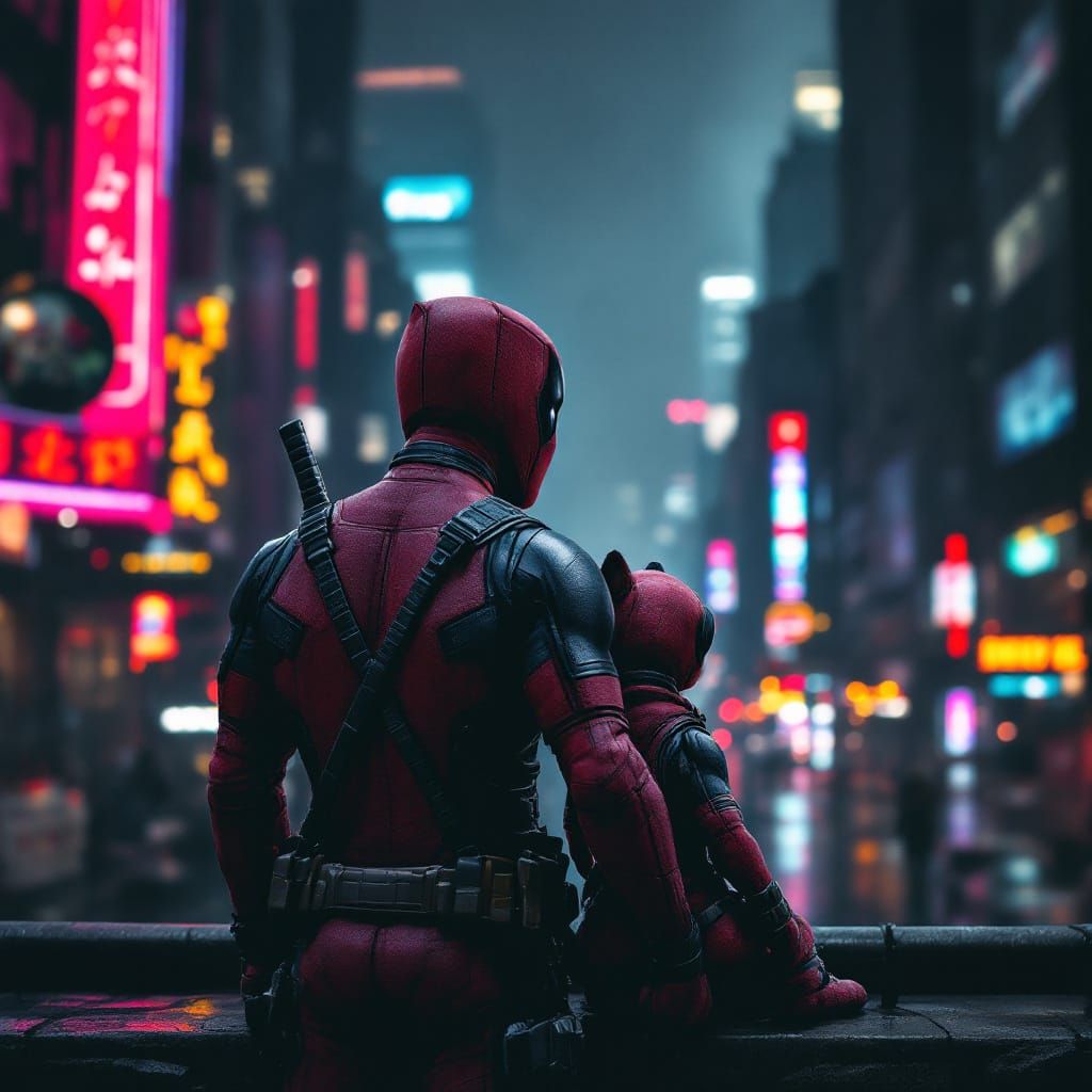 Hyperrealistic Deadpool and Dogpool Cityscape