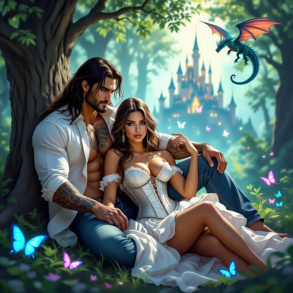 Fantasy Couple in Luminous Forest, Hyperdetailed Artwork