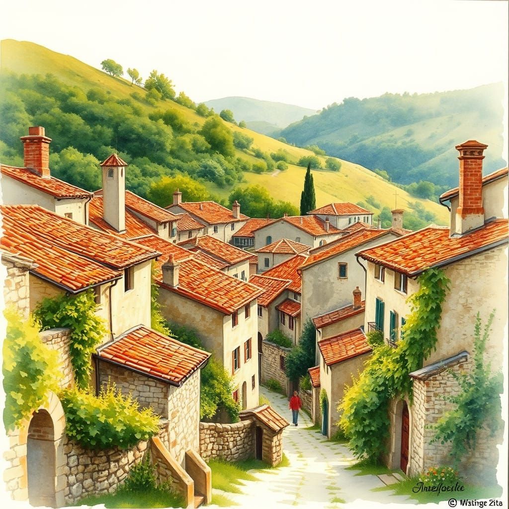 Serene Rural Village in Dreamy Watercolor Style