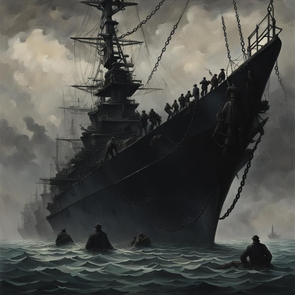 Warship in Dark Ocean with Climbing Figures