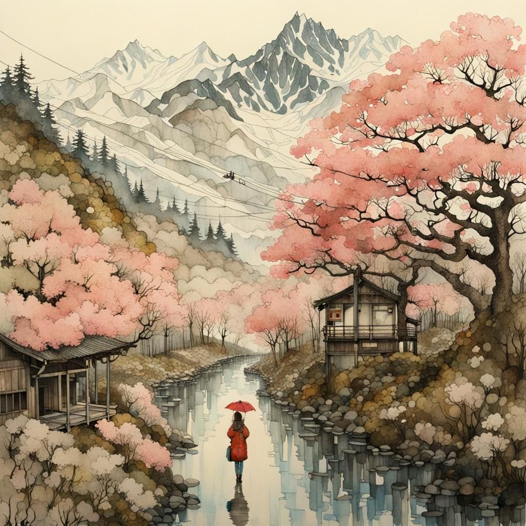 Intricate Double Exposure: Japanese Paradise Inside Woman