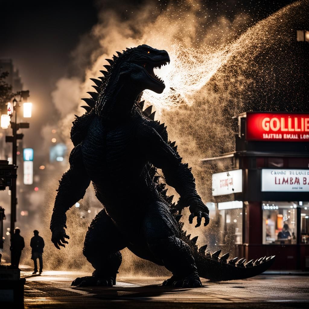 Godzilla Silhouette Falls on Main Street: Professional Photo...