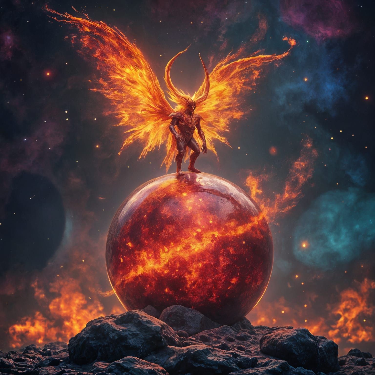 Fire Elemental on Glass Orb in Surreal Digital Art