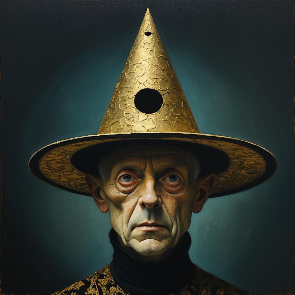 Surreal Portrait with Bizarre Hat in Bosch Style