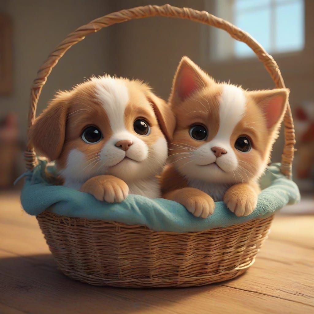 Whimsical Pixar-Inspired Scene of Sleeping Puppies and Cat i...