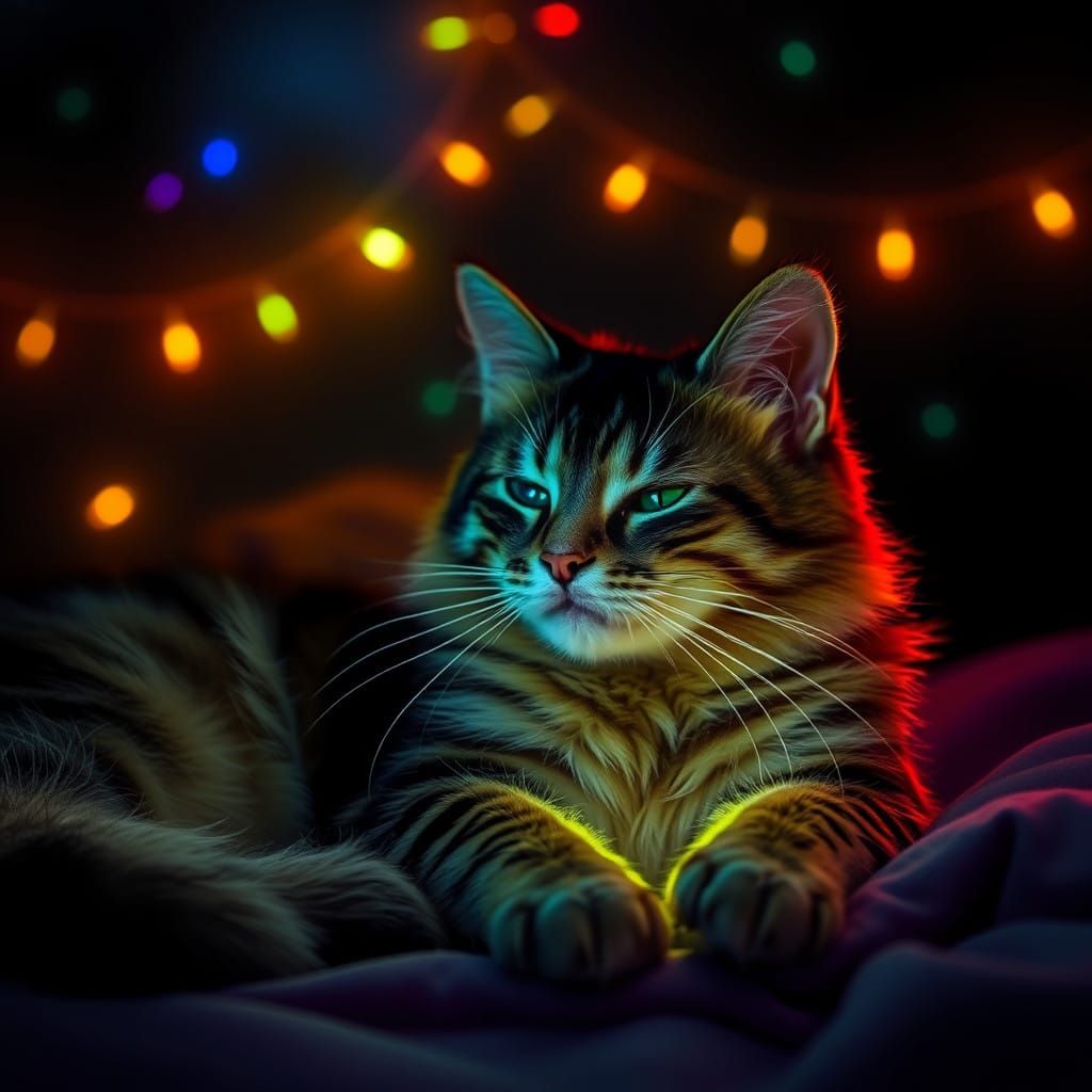 Whimsical Bioluminescent Celebration of Feline Comforts