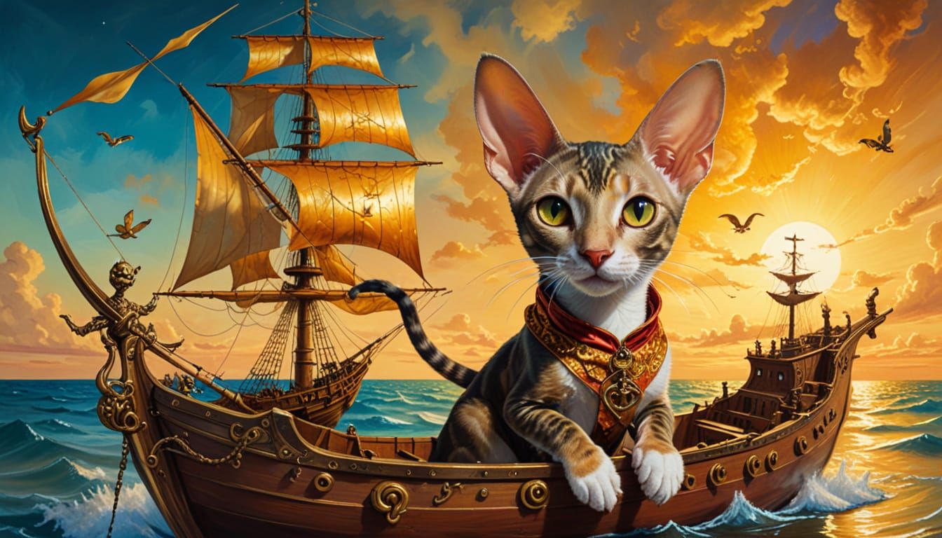 Pirate Cat on Treasure Ship in Surrealist Painting