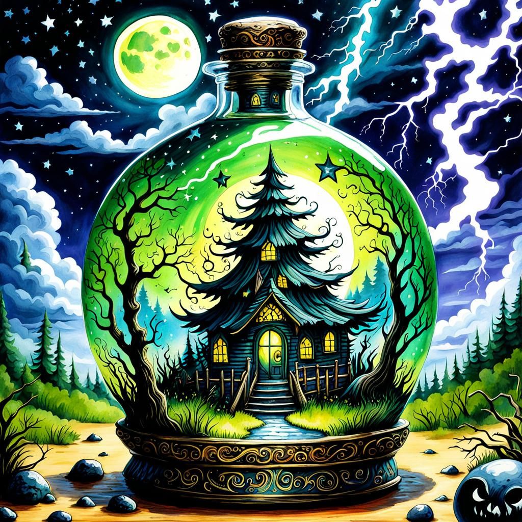 Eerie Potion Bottle in Burton-esque Watercolor