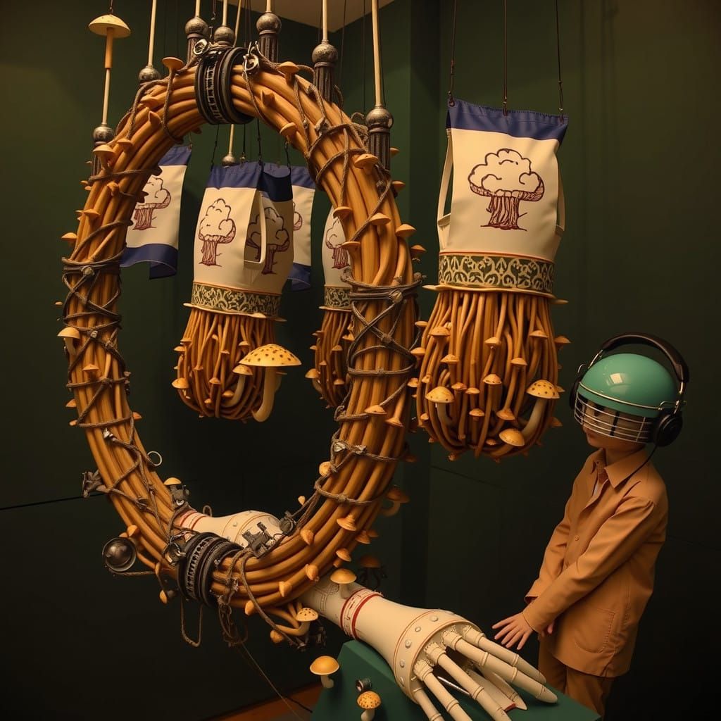 Quirky Surrealist Mushroom Festival Scene in Linocut Style