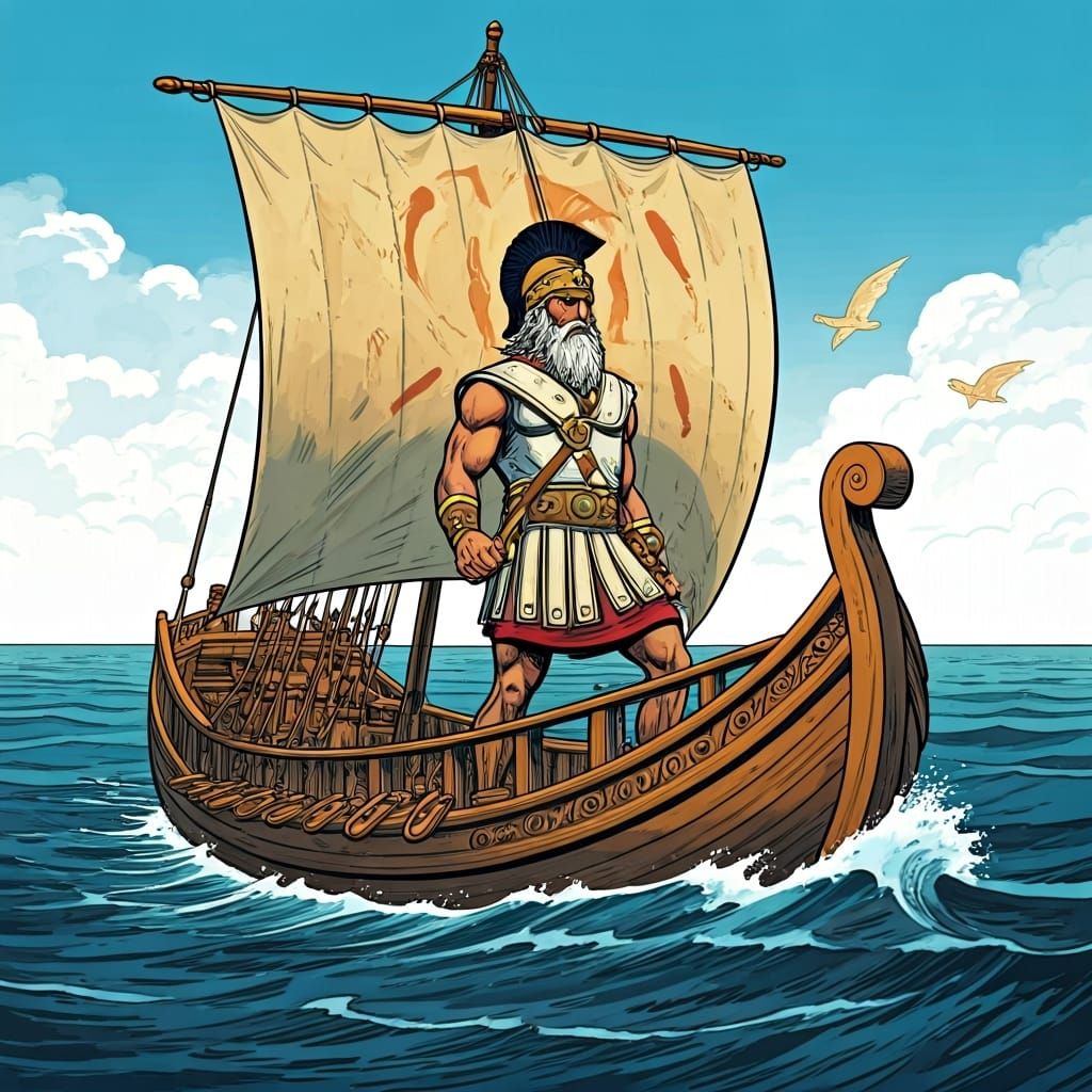 Greek Explorer Sailing Ship in Comic Book Style