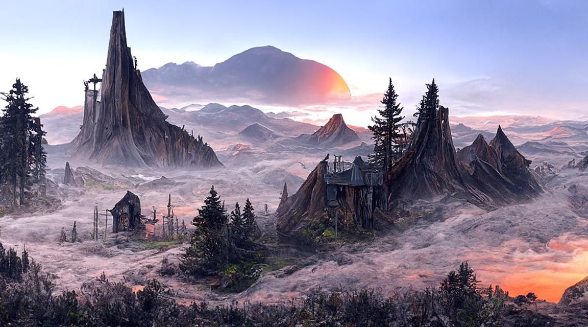 Post-Apocalyptic Fairy Town Sunrise Landscape