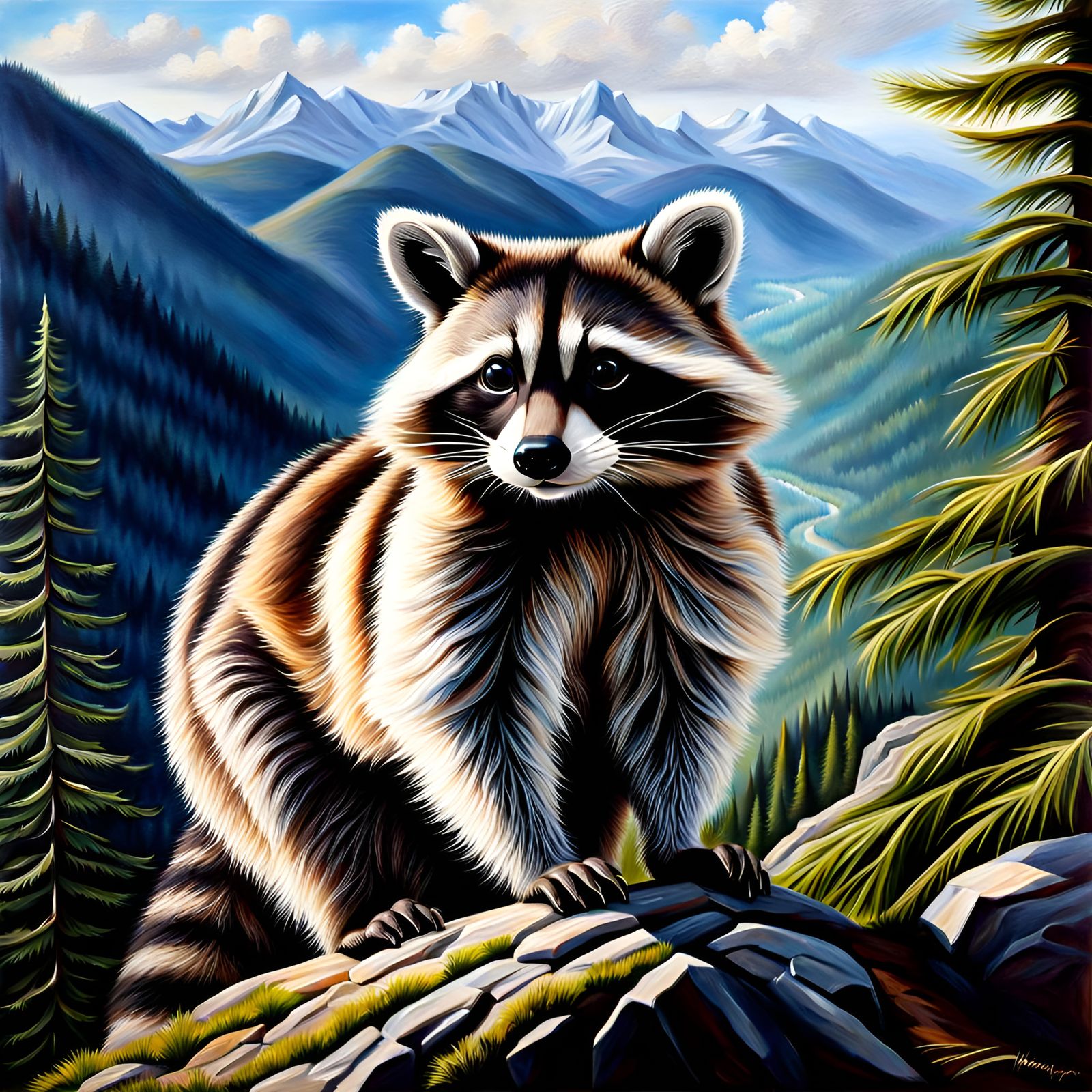 Realistic Raccoon in Mountain Landscape Oil Painting
