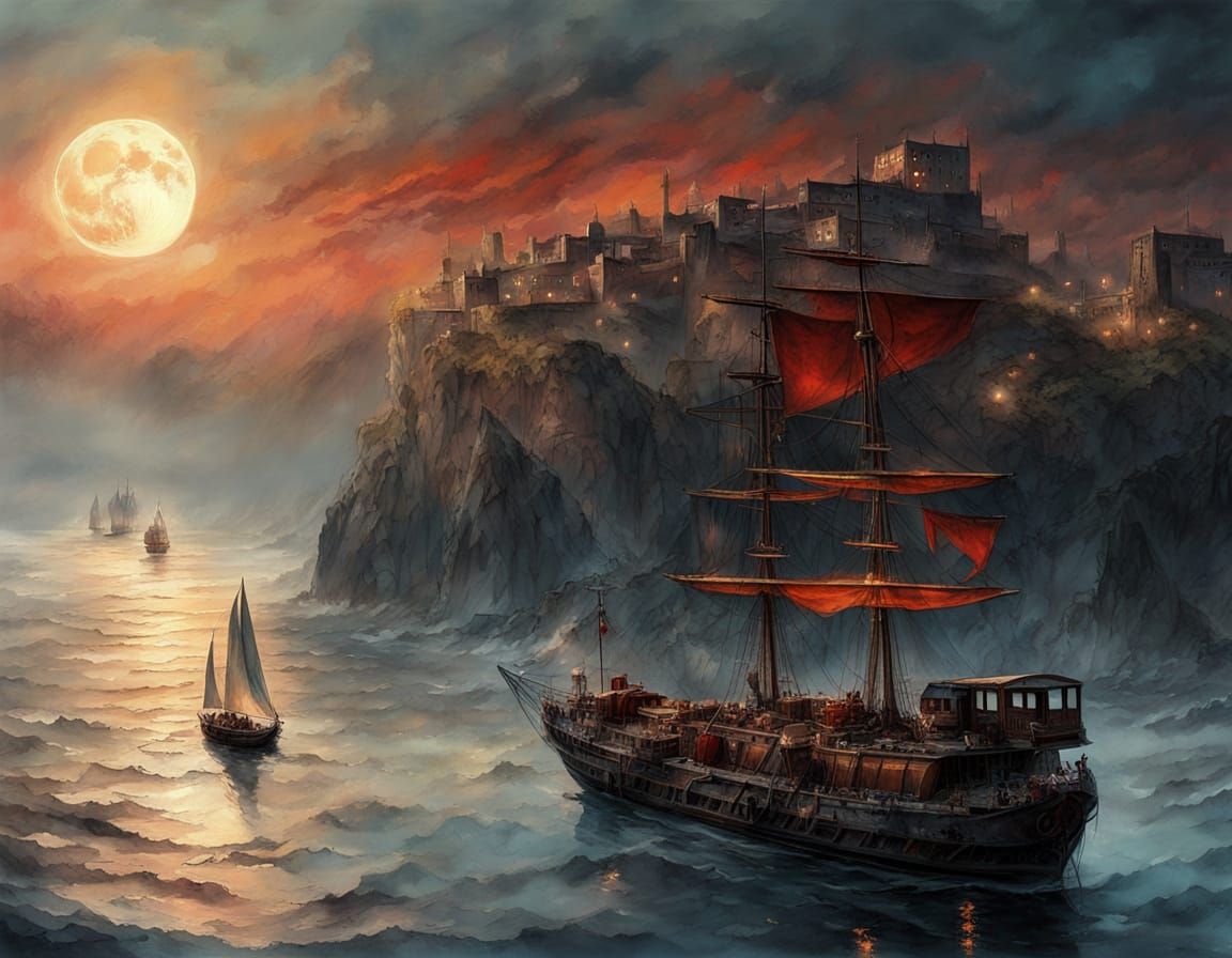Dark night on the raging sea