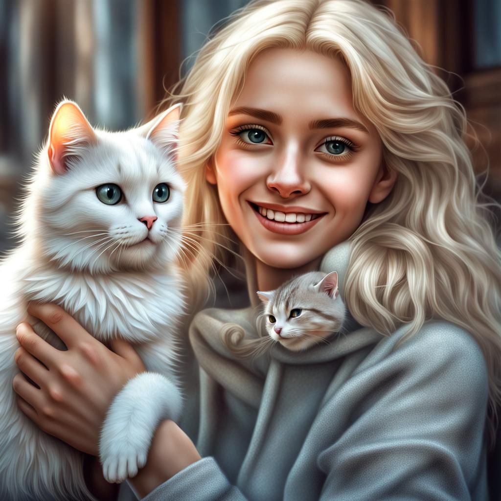 Girl with Cat: Hyperrealistic 64 Megapixel Image