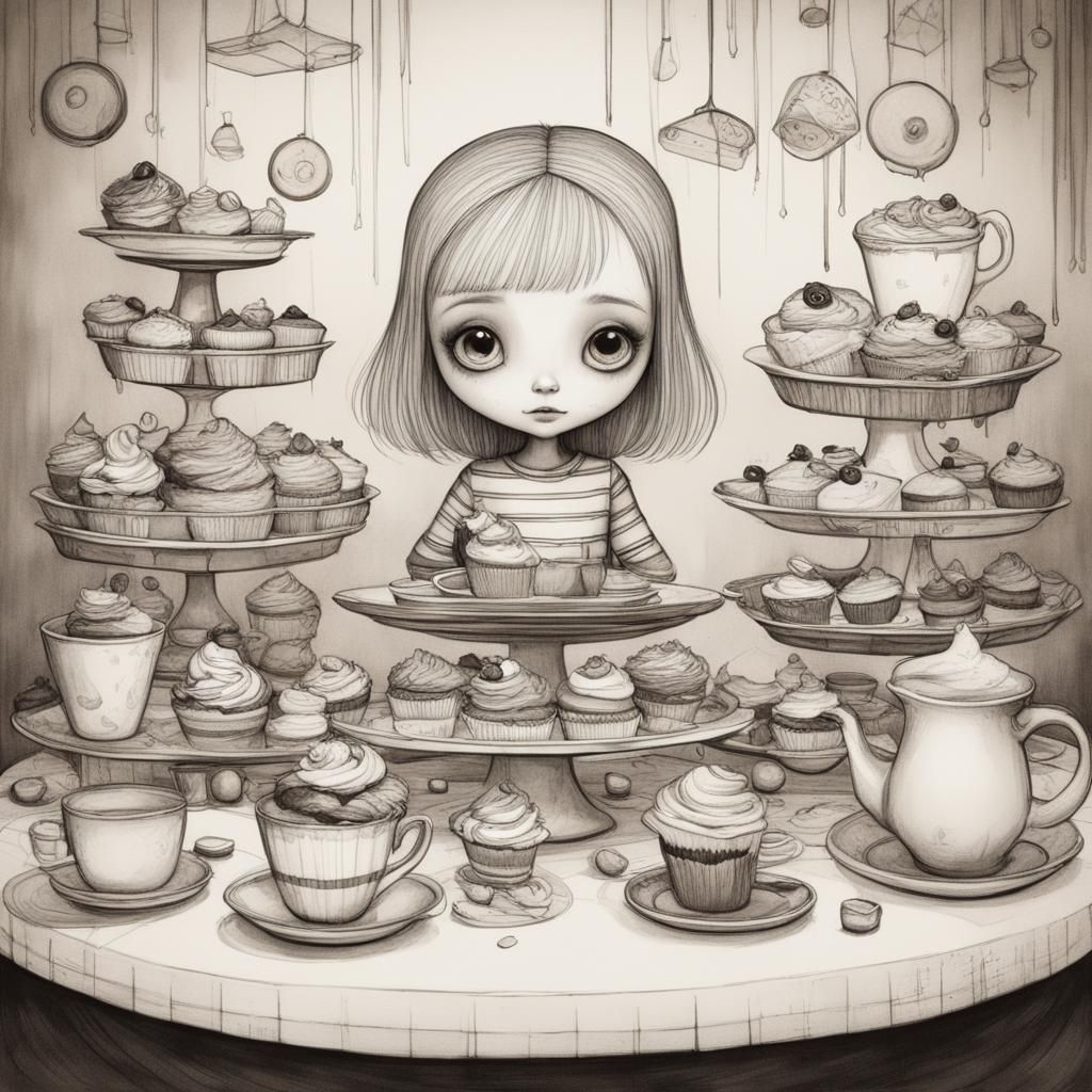 Girl with Cakes: Sketch Art Style