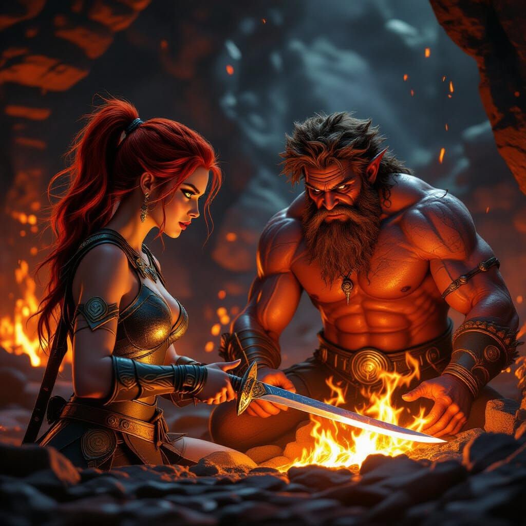 Goddess Adara Implores Hephaestus to Forge Katana