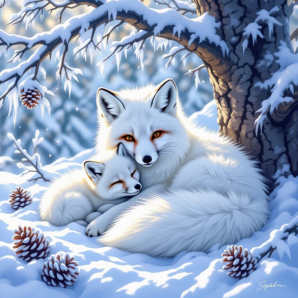 Arctic Fox Family in Snowy Rockies: Hyperrealistic Art