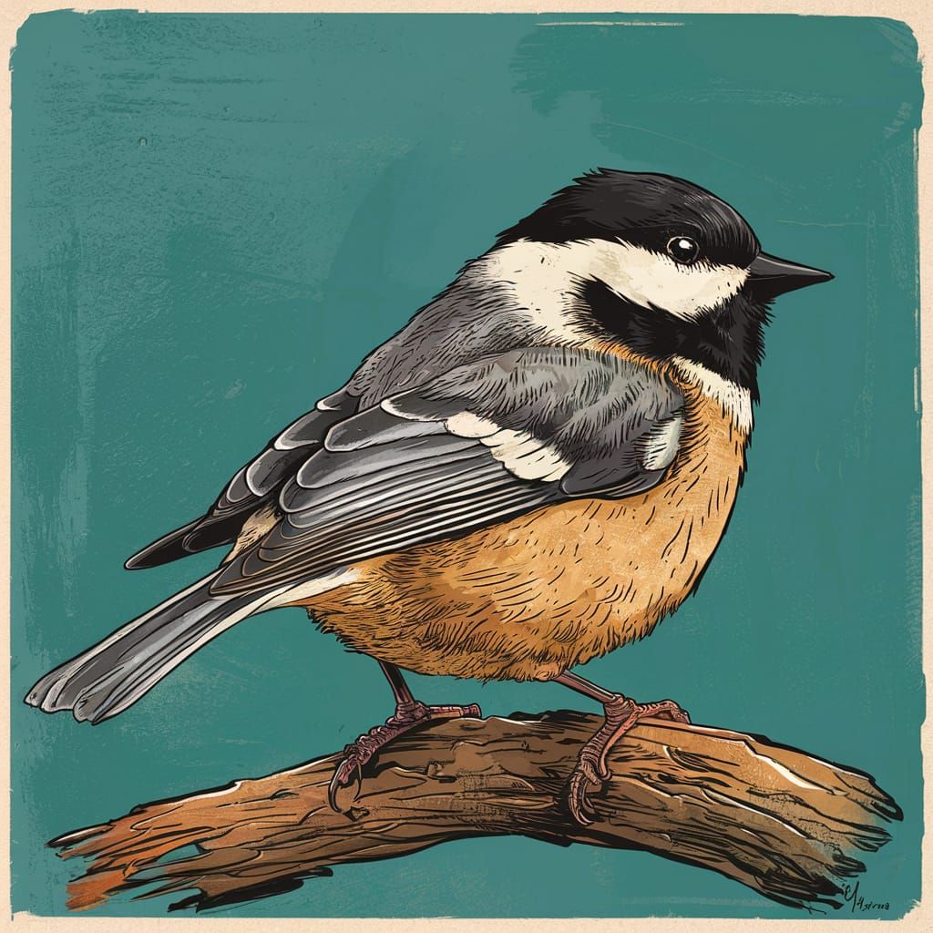 Chickadee in Traditional Woodcut Style with Folk-Art Inspire...