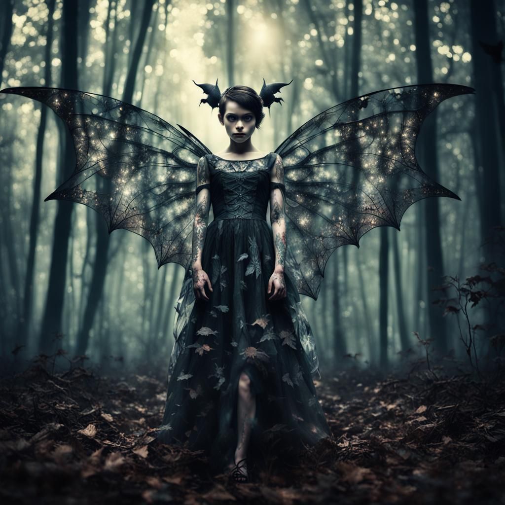 Sadistic Dark Fairy with Bat Wings in Forest
