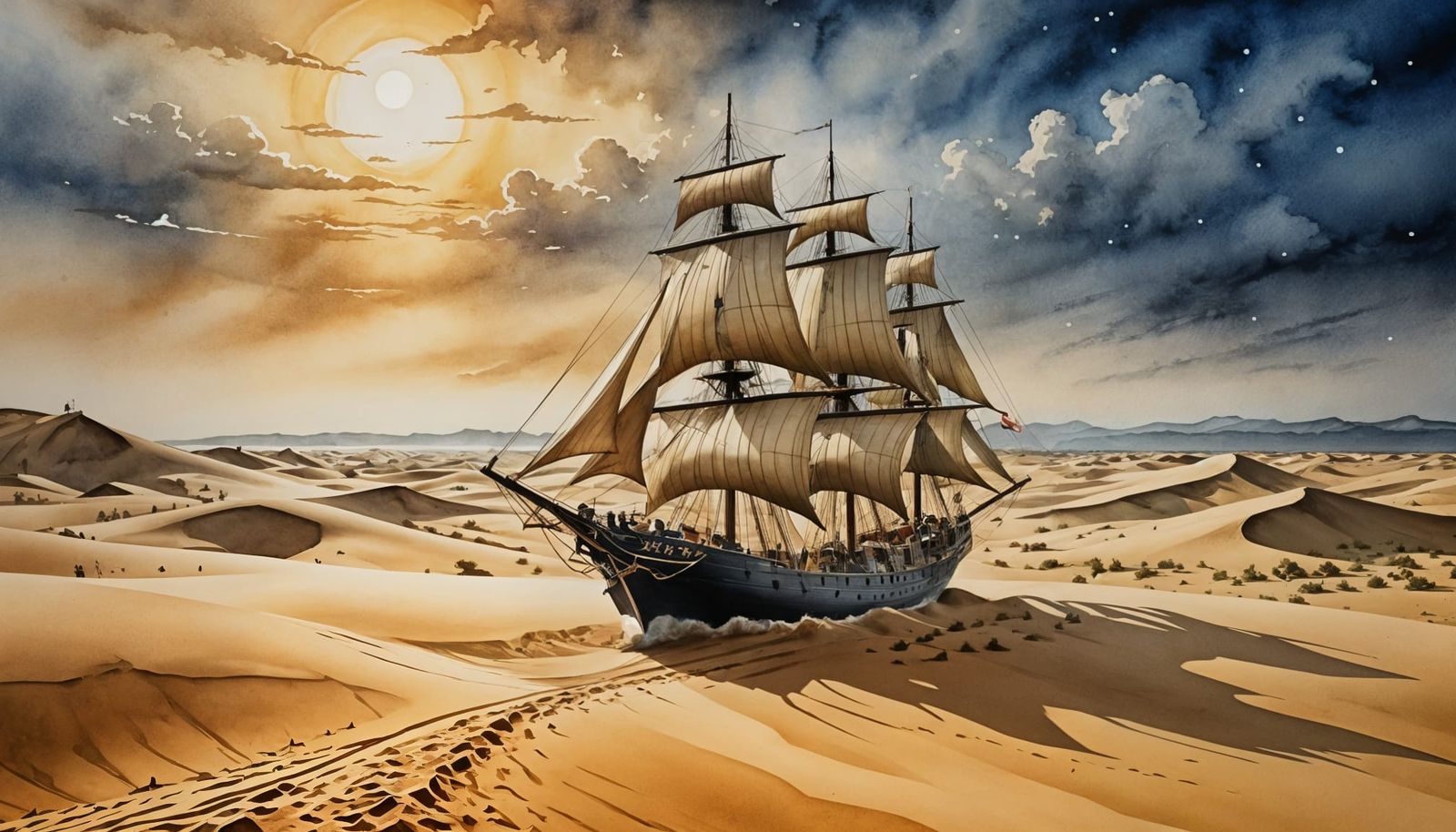 Victorian Ship Sails Desert Dunes in Surreal Realism