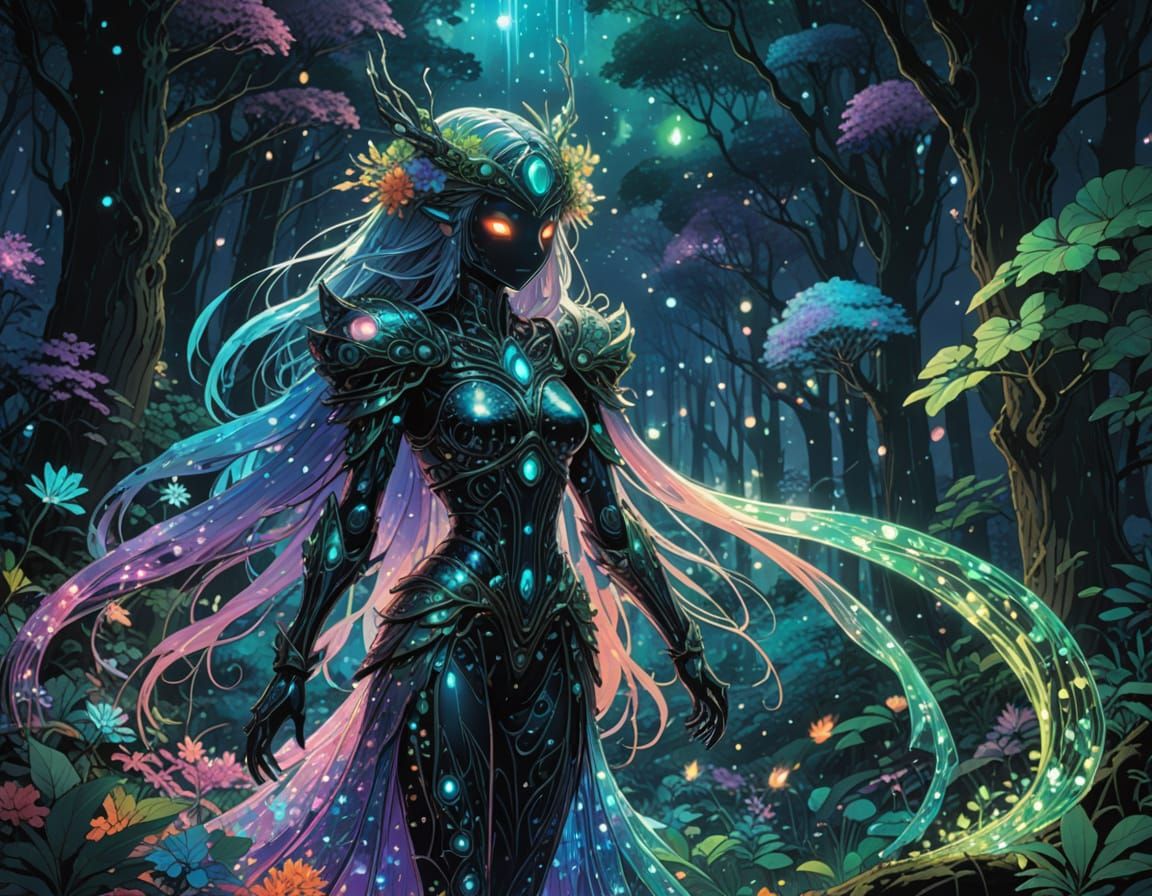 Ethereal Goddess in a Vibrant Bioluminescent Forest