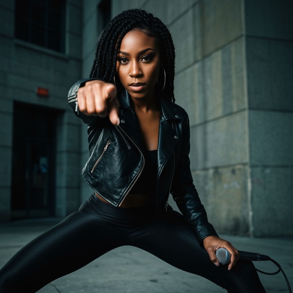 Hip Hop Icon Pose: African-American Woman in Leather Jacket