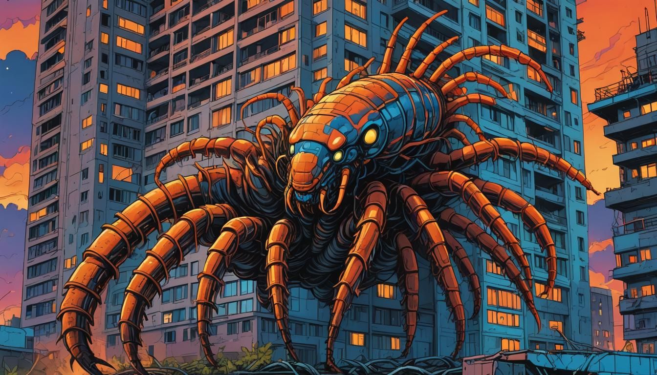 Mutated Centipede Climbs Chernobyl High-Rise: Comic Book Art