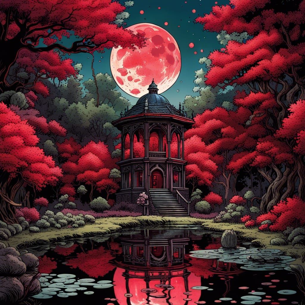 Gothic Victorian Garden Under Crimson Moonlight