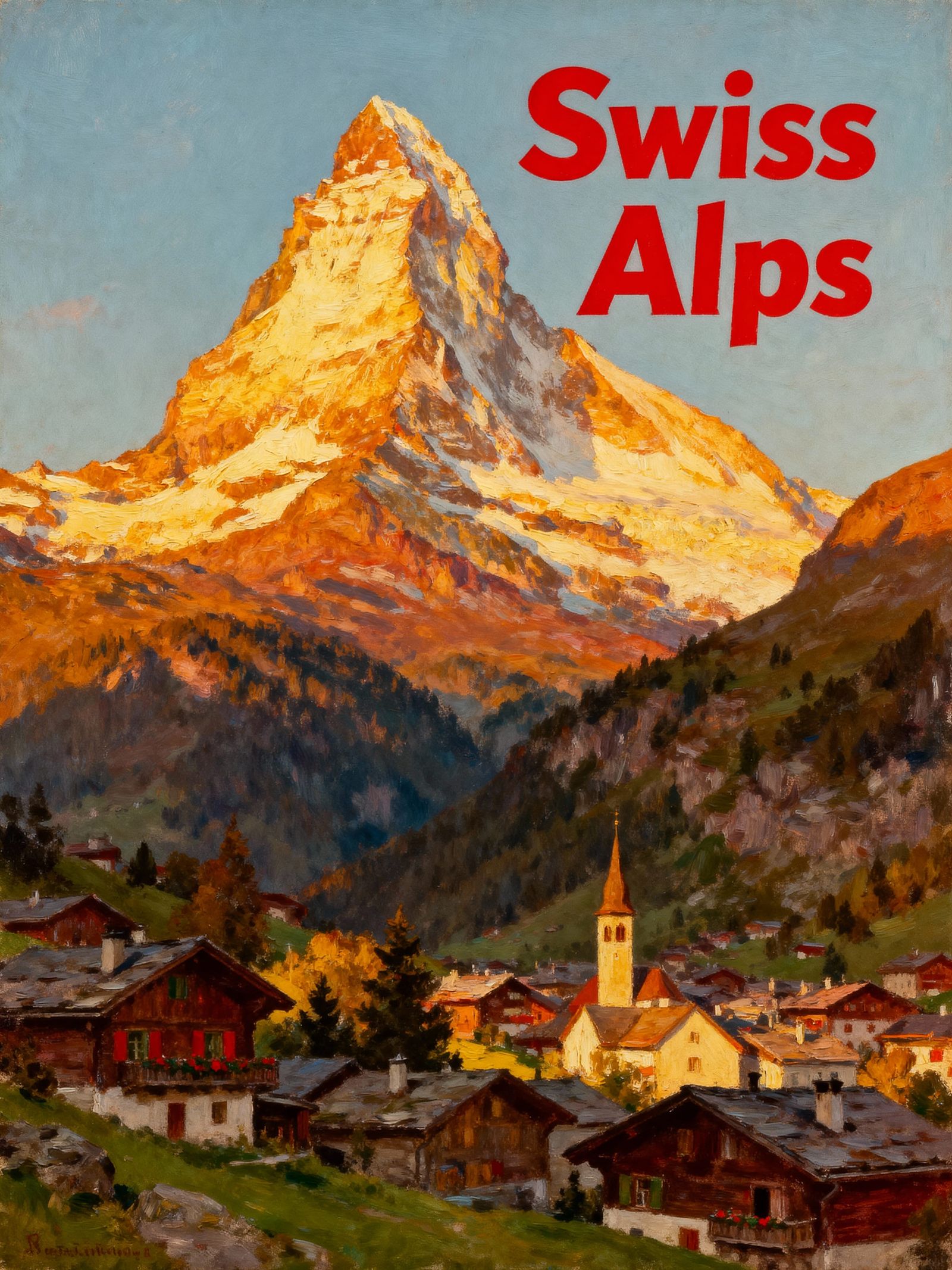 1950s Swiss Alps Travel Poster: Matterhorn Oil Painting