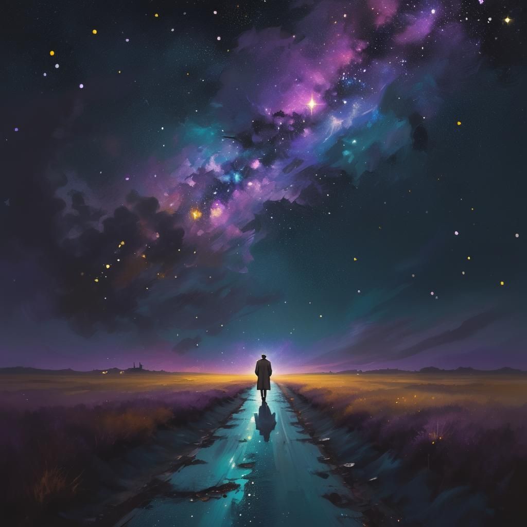 Lonely Walker Under Galaxy Sky: Magical Realism Painting