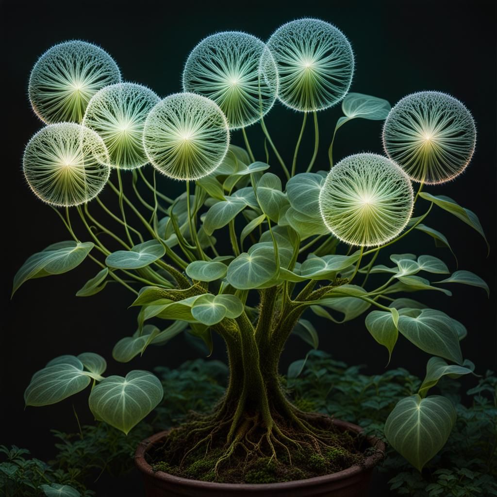 Ethereal Plant with Crystalline Leaves and Glowing Orbs