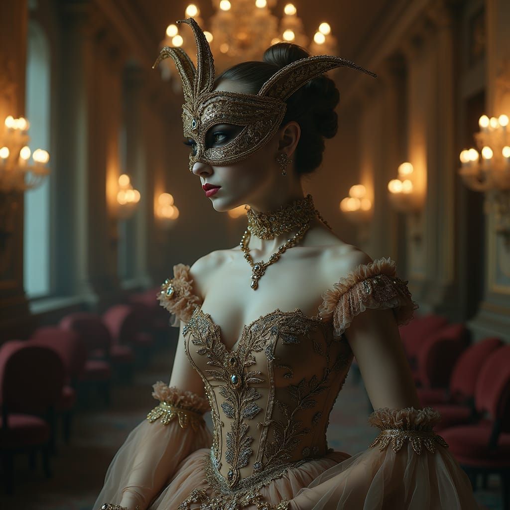 Elegant Masquerade Woman Gazing at Her Neck
