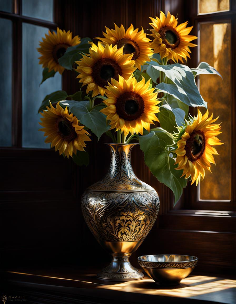 Qajar Vase of Sunflowers in Art Deco Style